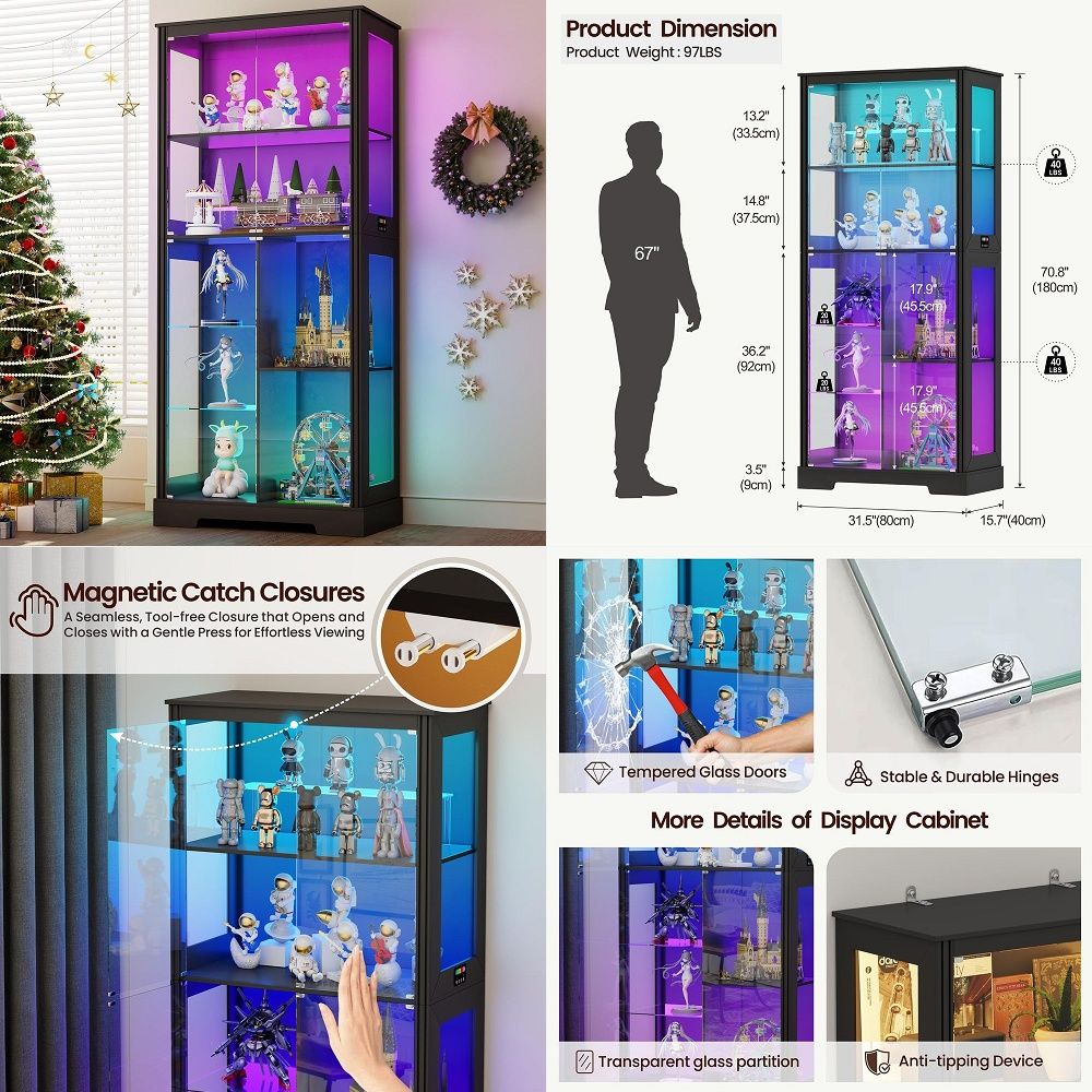 Glass Cabinet Display - Vitrina Esquinera Iluminada con Estantes Curvos